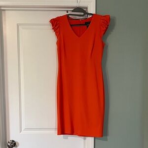 Elegant Red Sheath Dress with Ruffle Cap Sleeves